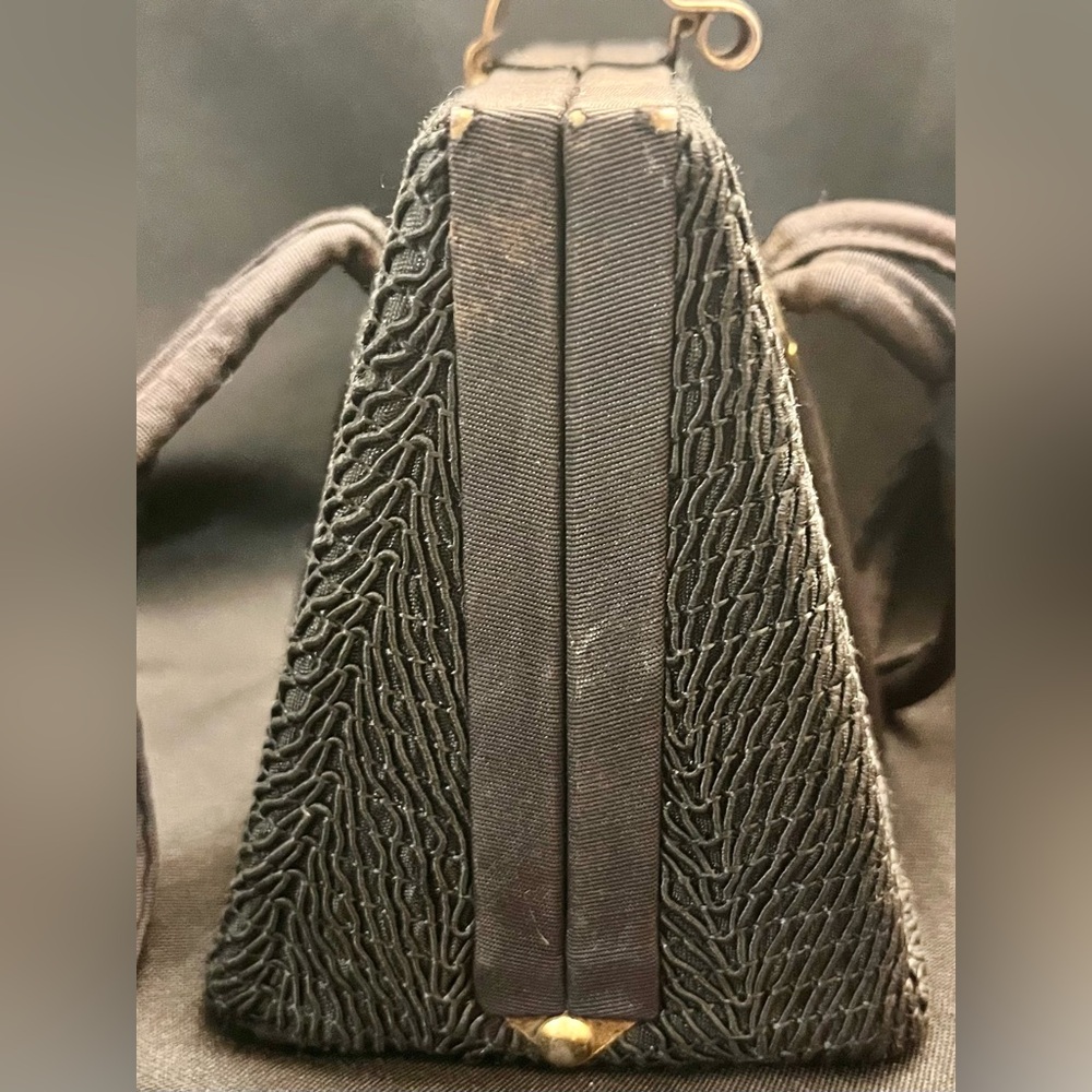 Vintage 1950s Black Corde Rigid Box Purse MCM Gold Geometric Clasp Evening Bag - Picture 8 of 17
